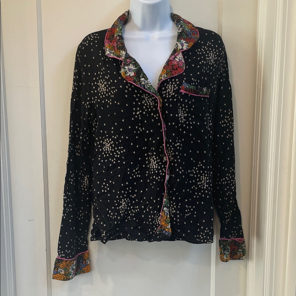 Free People x Anthropologie Kari Printed PajamaTop with Pink Floral Trim - Picture 3 of 7